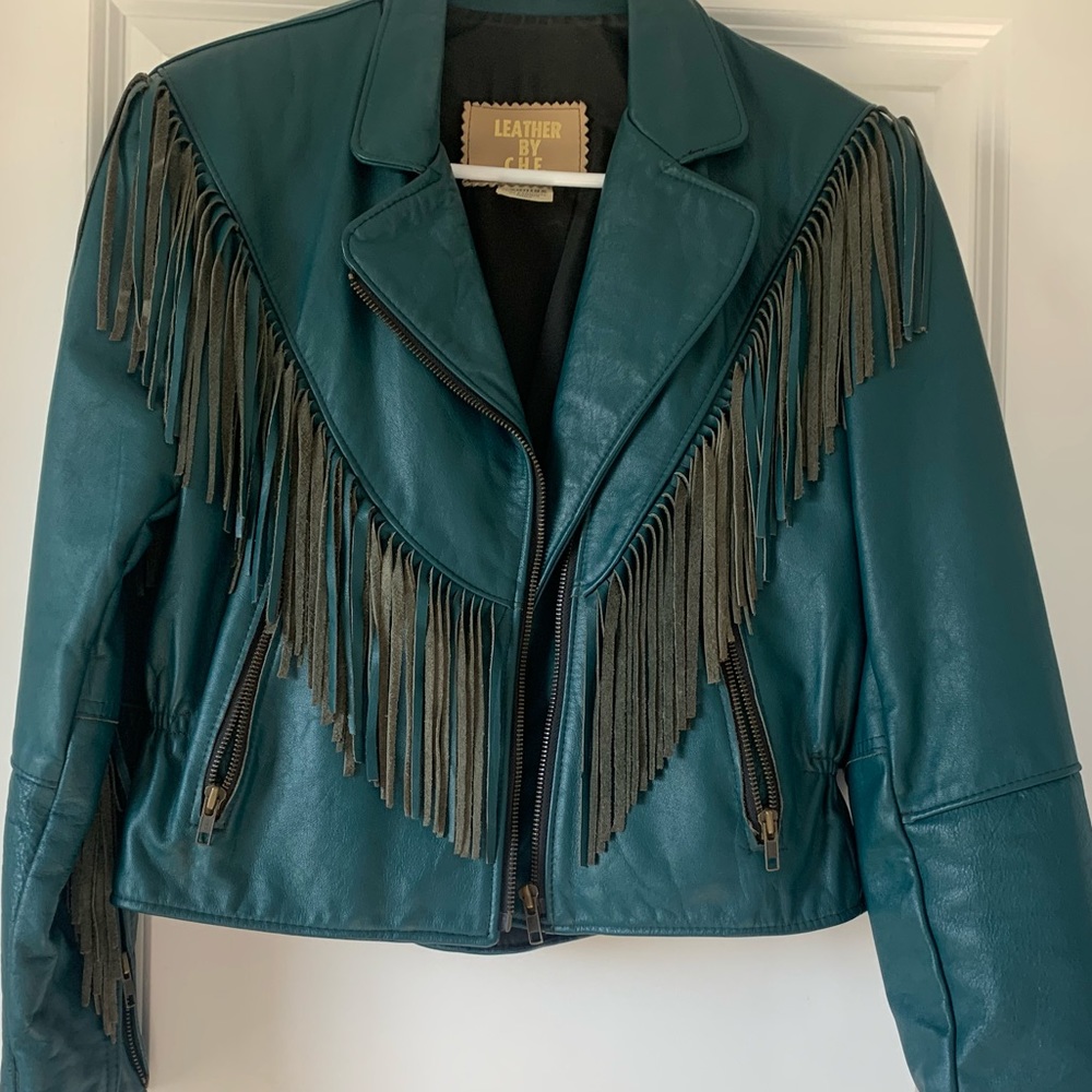 Vintage Teal leather fringe jacket SALE